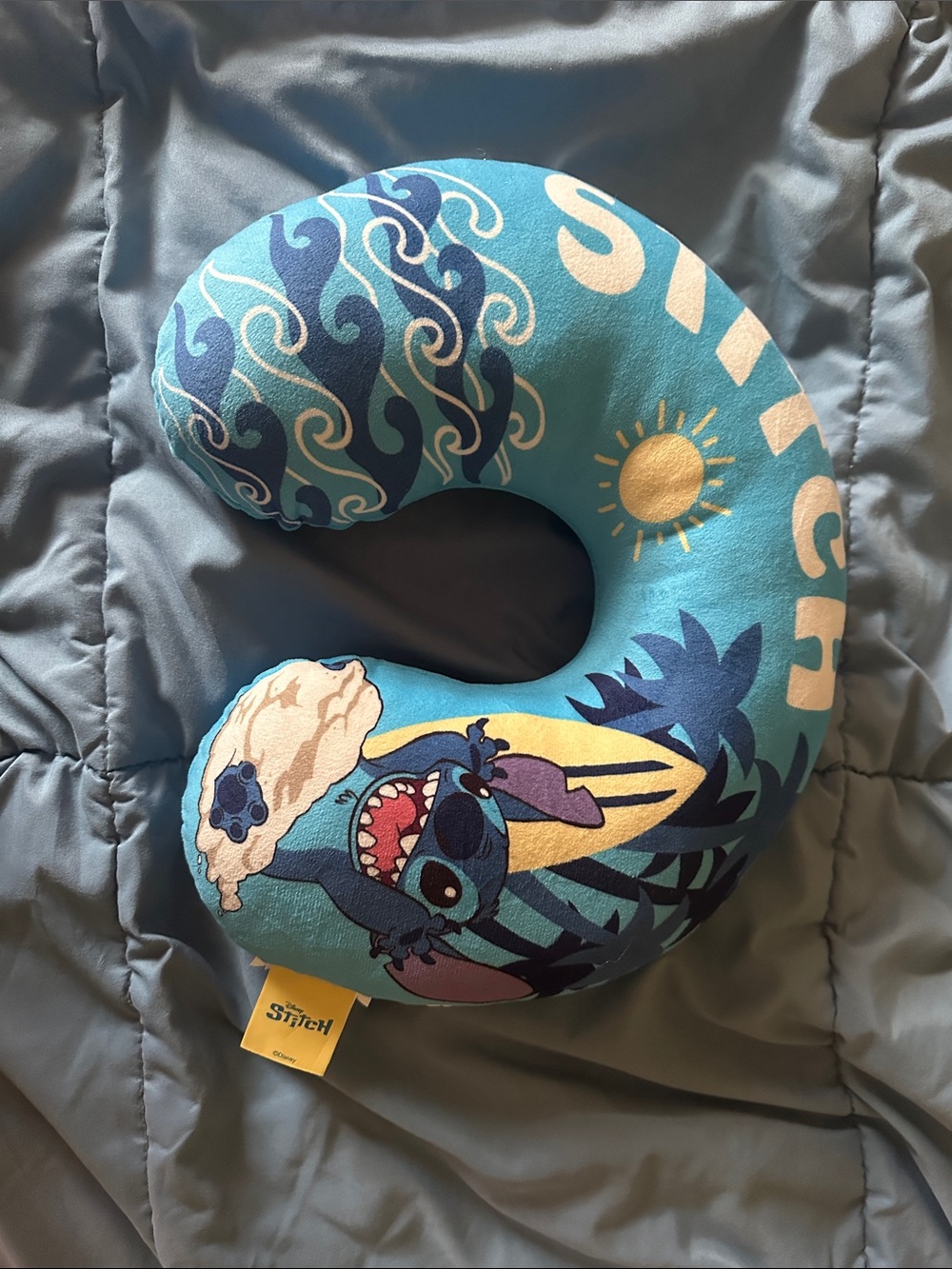 Disney Blue Stitch Neck Pillow with Tropical Surf Art